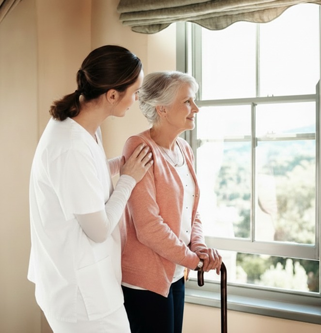 Caretaker helping person walk around